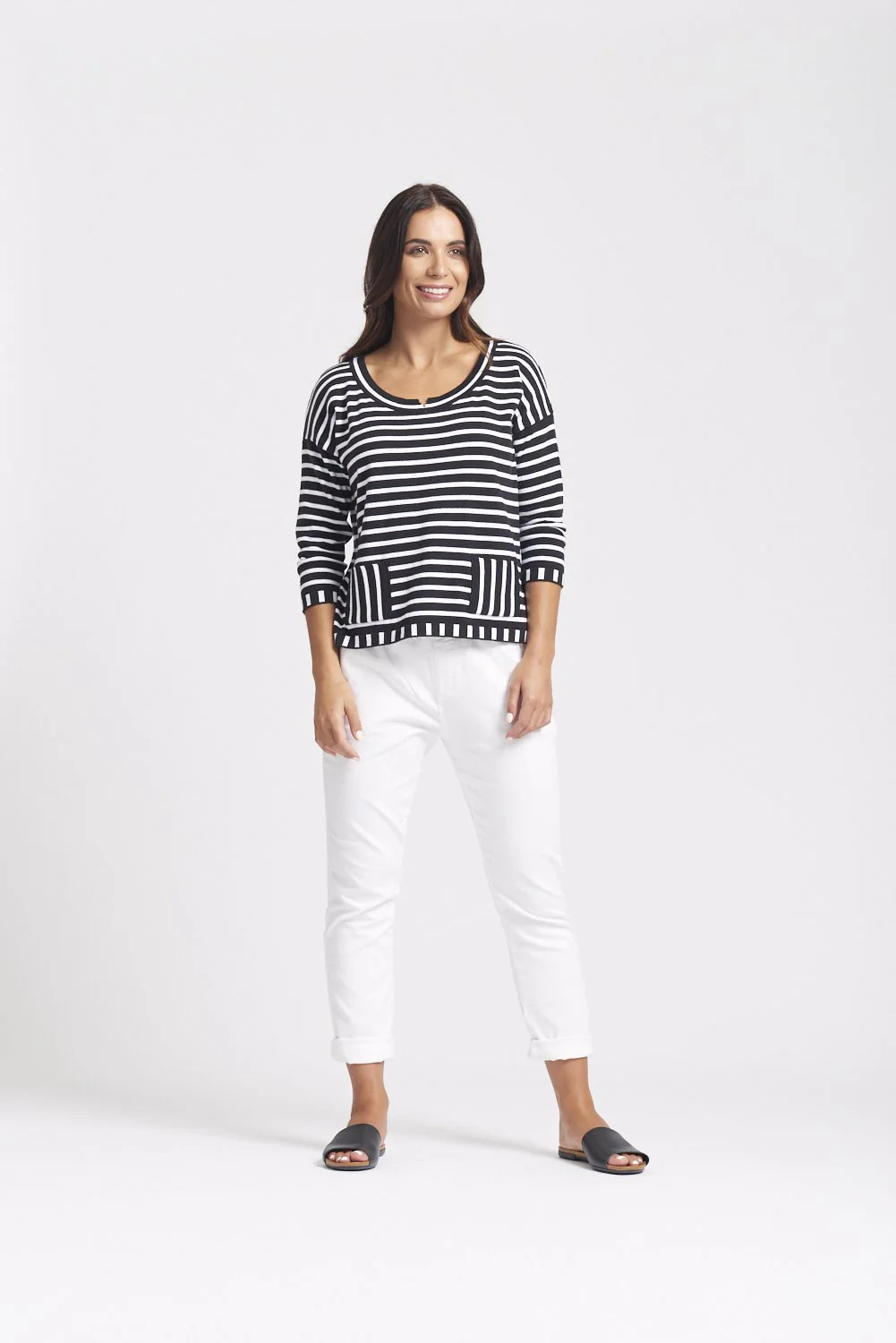 3/4 Sleeve Drop Shoulder Striped Jumper
