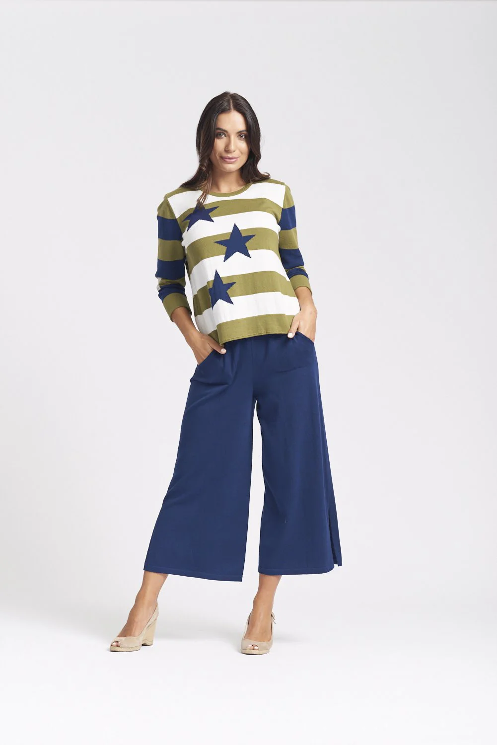 3/4 Sleeve Star & Stripe Top - Olive Mix