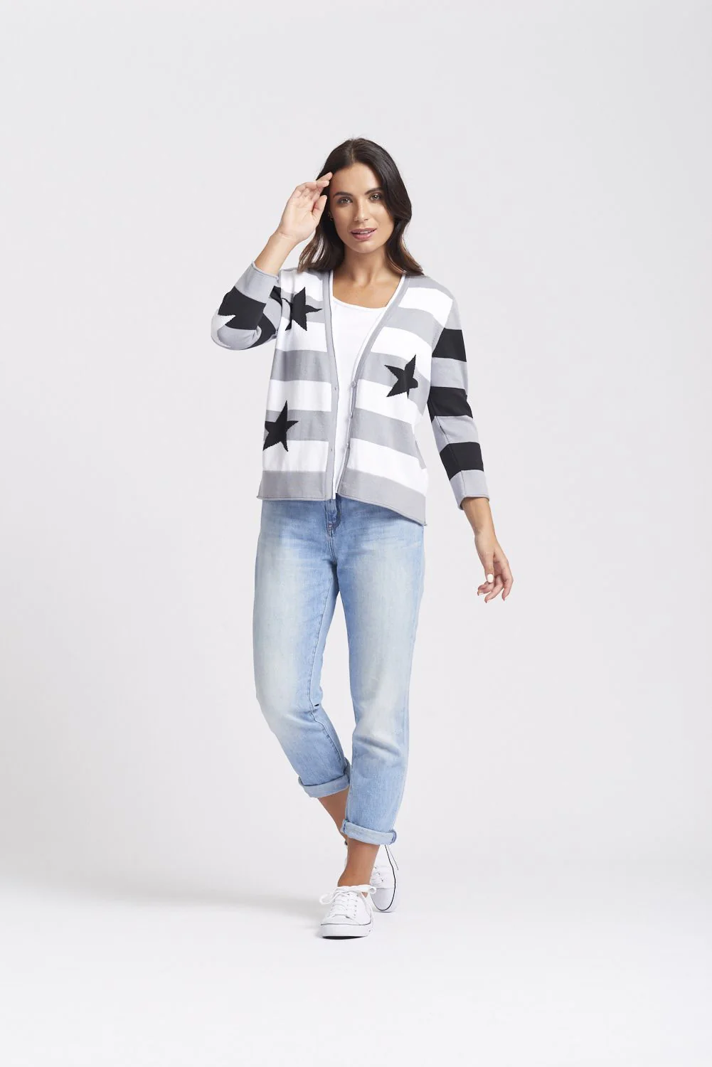 3/4 Sleeve V-Neck Star & Stripe Cardigan - Pewter Mix
