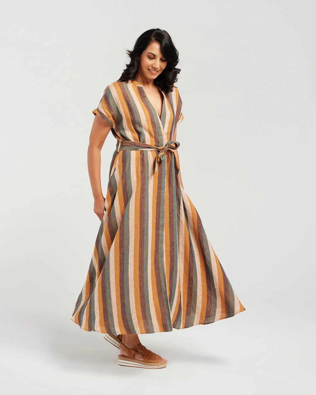 Blackstone Striped Linen Dress- Nutmeg