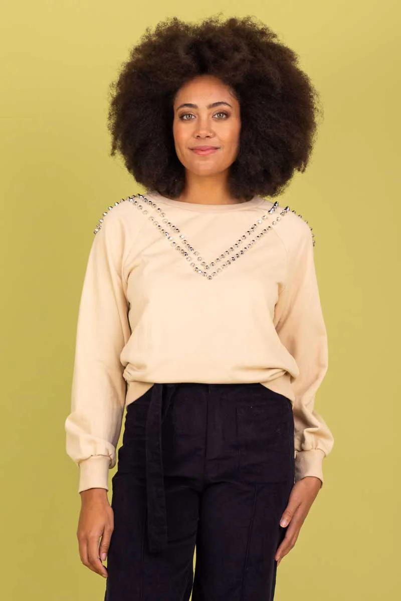 Charlo Lexi Studded Viscose Sweater Beige - Image 2