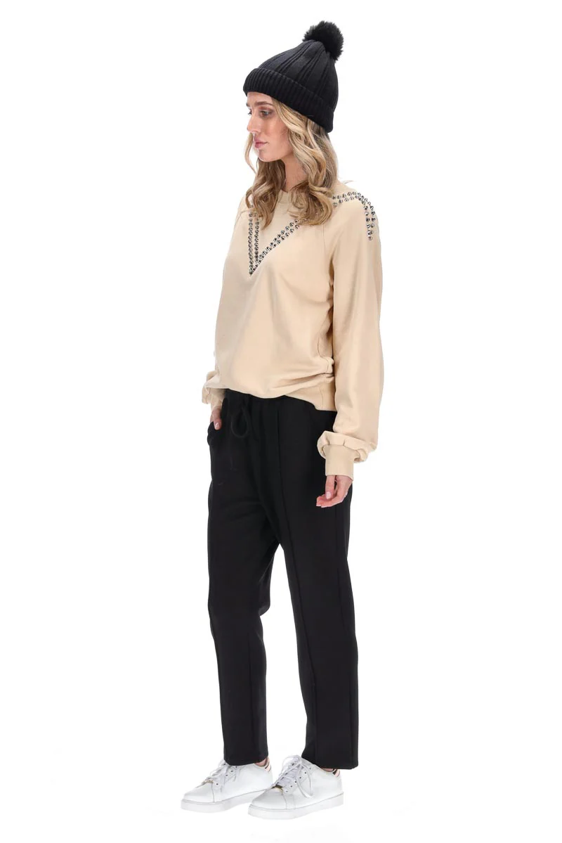 Charlo Lexi Studded Viscose Sweater Beige - Image 6