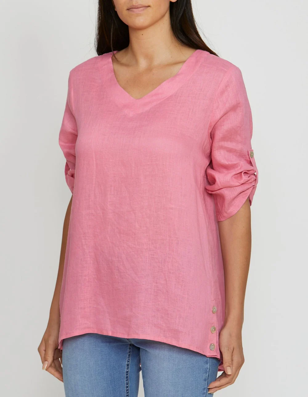 Jump Button Detail Linen Top - Pink - Image 3
