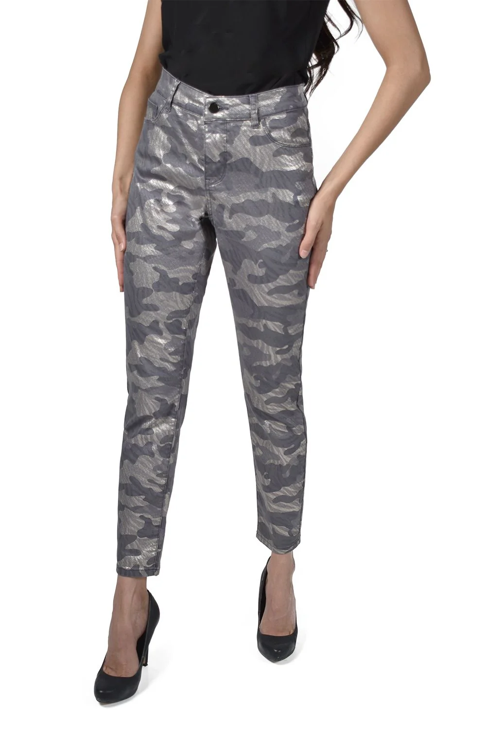 Frank Lyman 213108U Camo/Grey Woven Denim Pant - Image 2