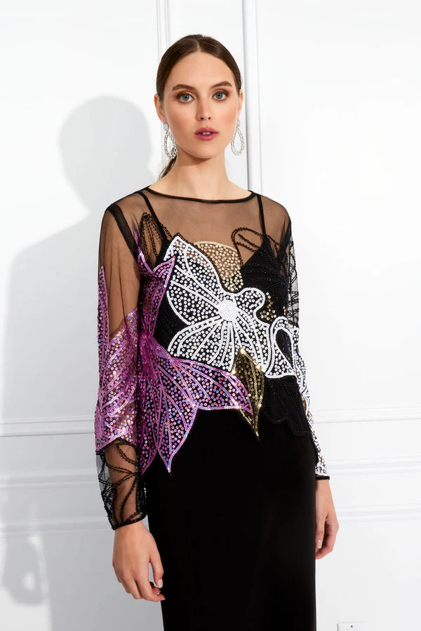 Frank Lyman Black/Pink Knit Mesh Top