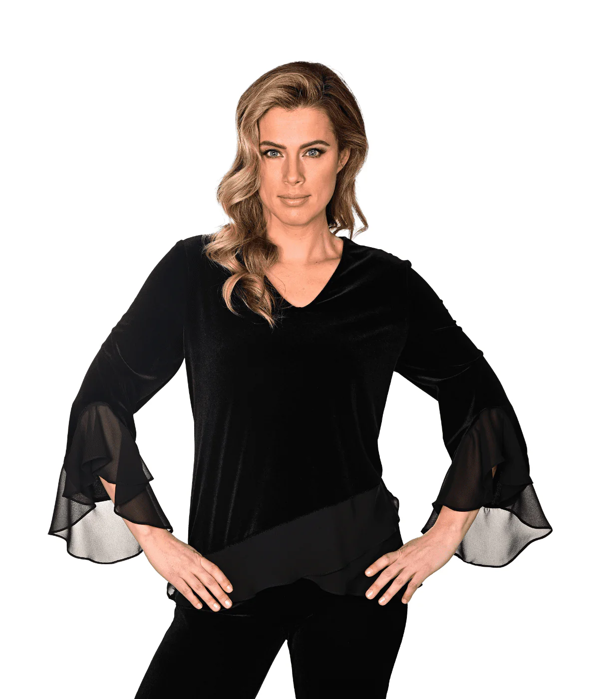 Frank Lyman Chiffon Ruffle sleeve Top - Black