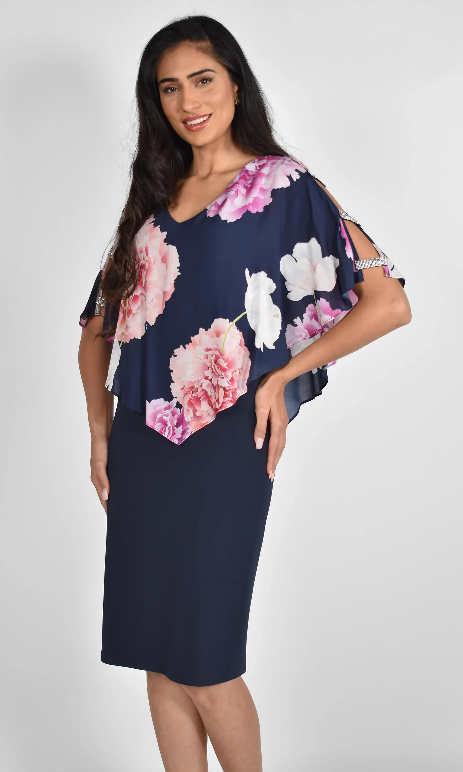 Frank Lyman Navy Pink Floral Diamante Dress - Image 2
