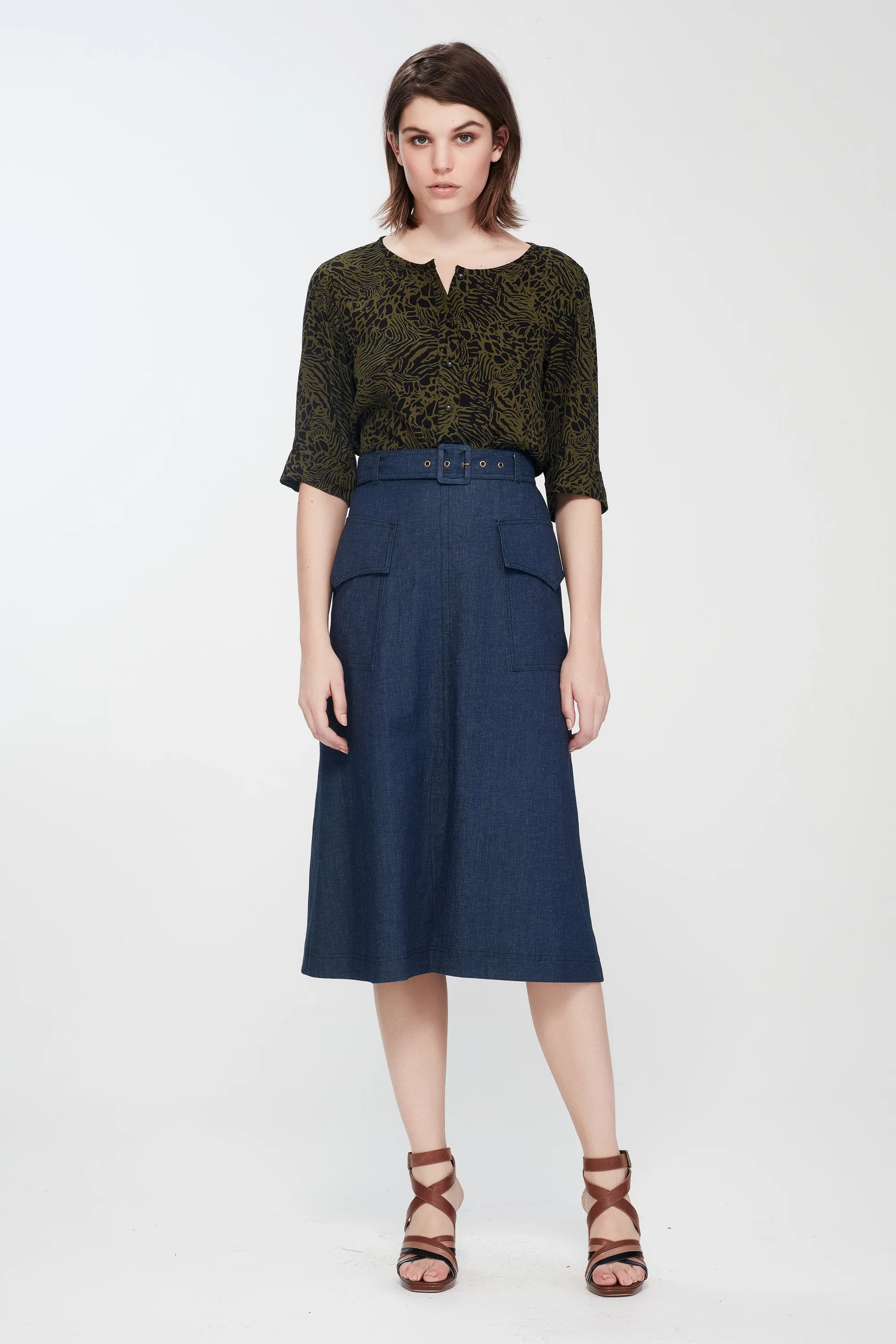 Kate Sylvester Chambray Belted Skirt