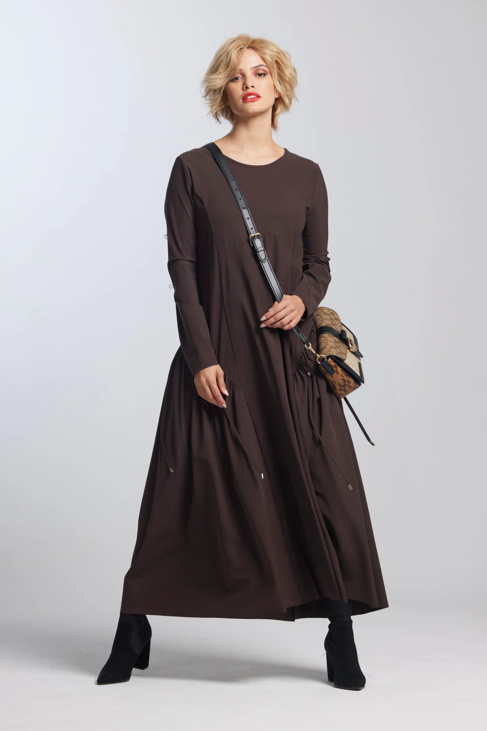 Paula Ryan Arched Front Long Sleeve Dress - Peppercorn