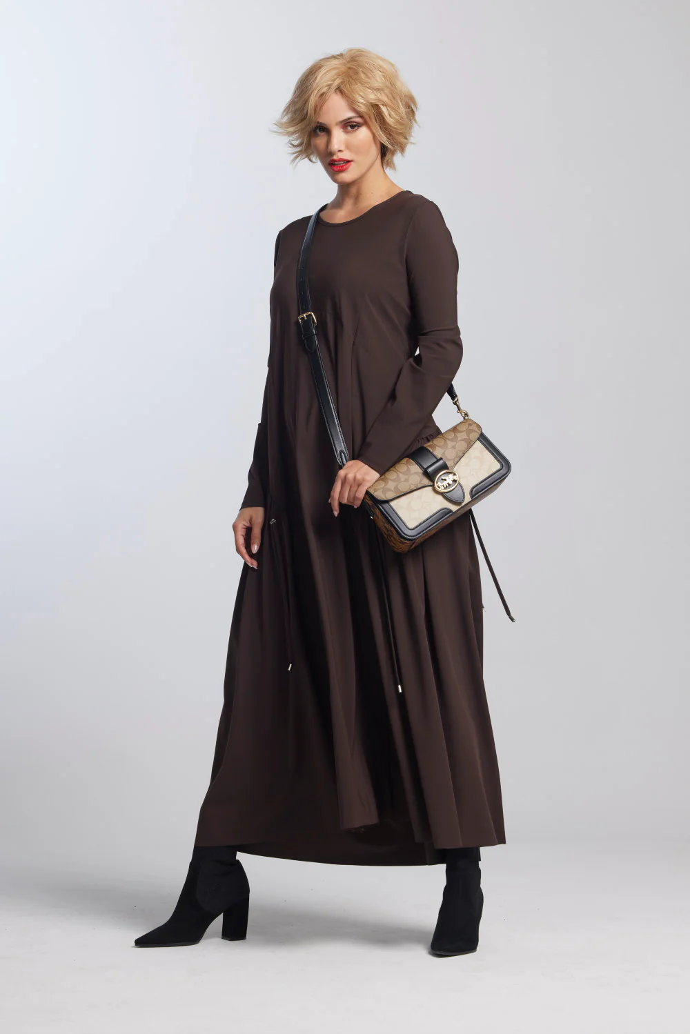 Paula Ryan Arched Front Long Sleeve Dress - Peppercorn - Image 2