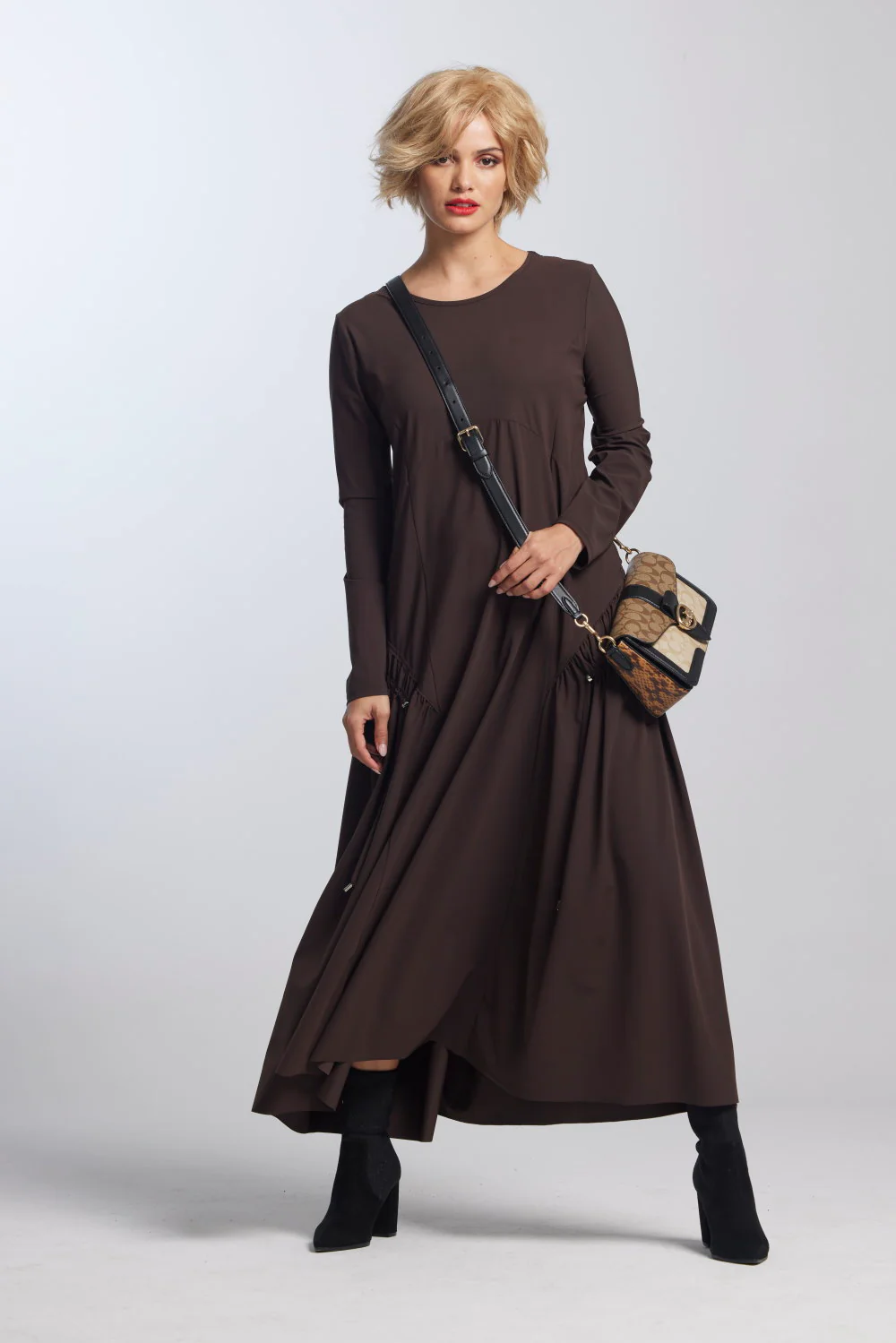 Paula Ryan Arched Front Long Sleeve Dress - Peppercorn - Image 3