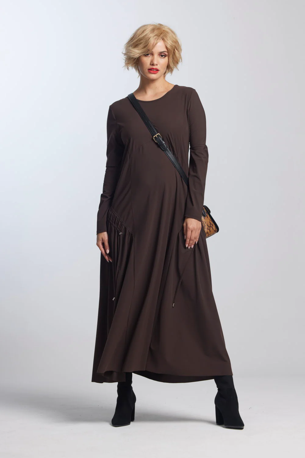 Paula Ryan Arched Front Long Sleeve Dress - Peppercorn - Image 4