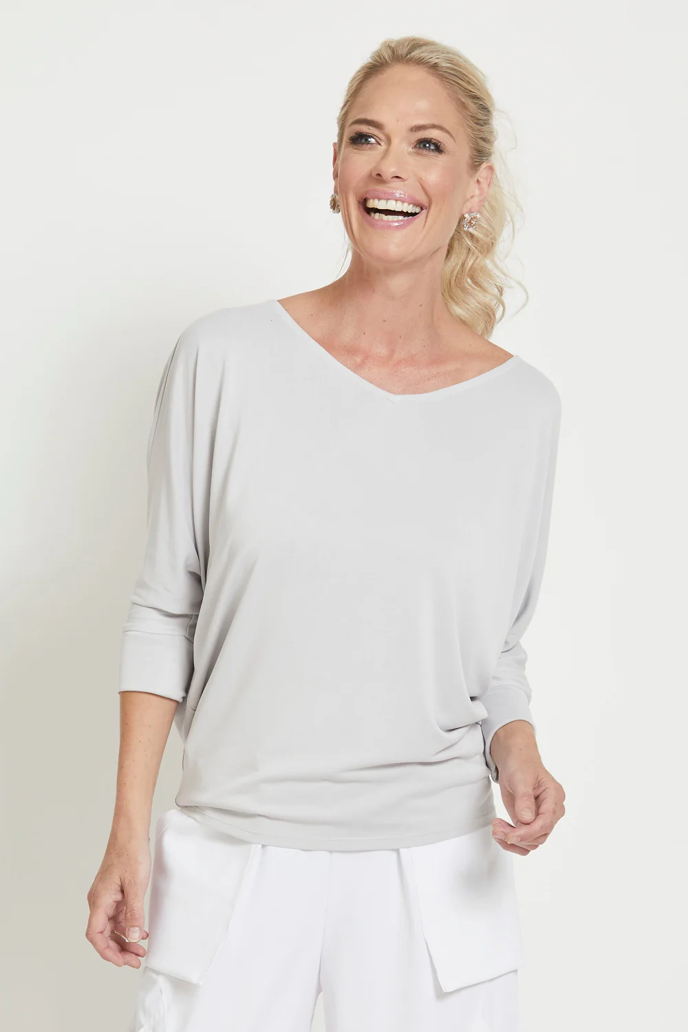 Paula Ryan Batwing Half Sleeve V Neck Top-Capri Blue - Image 2
