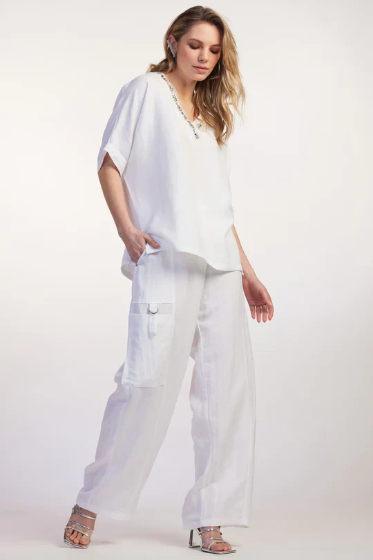 Paula Ryan Beaded V Neck Top - White - Image 3