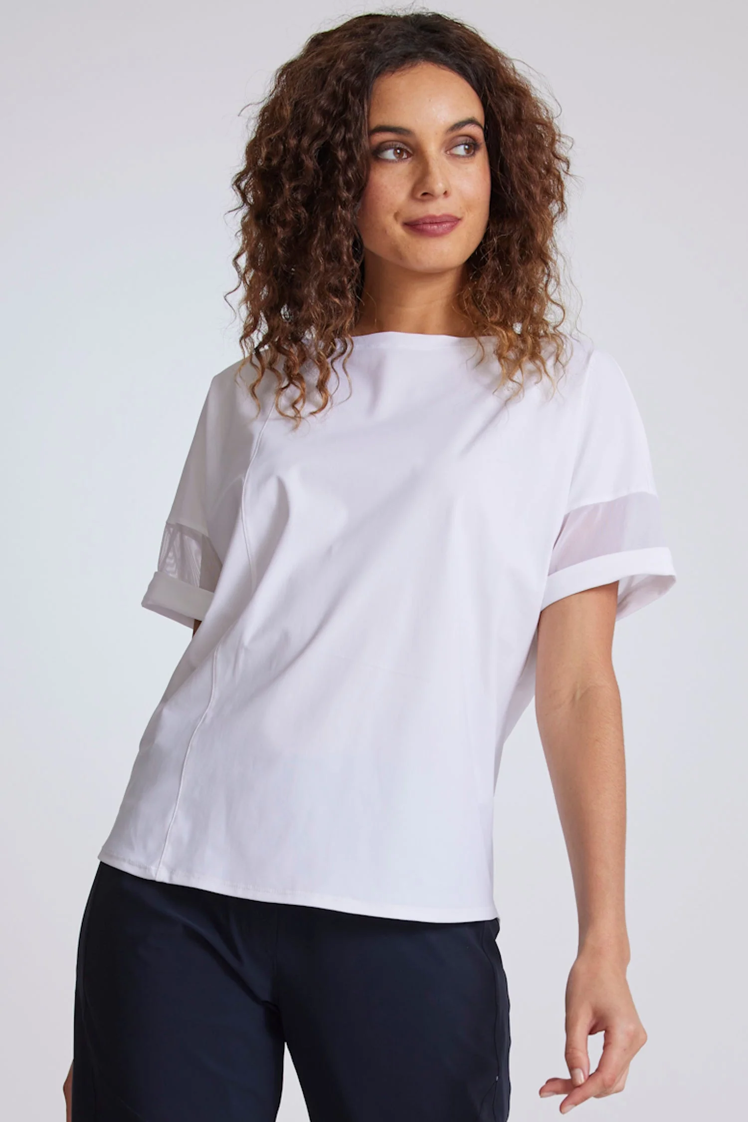 Paula Ryan Boat Neck Cuffed Top - White