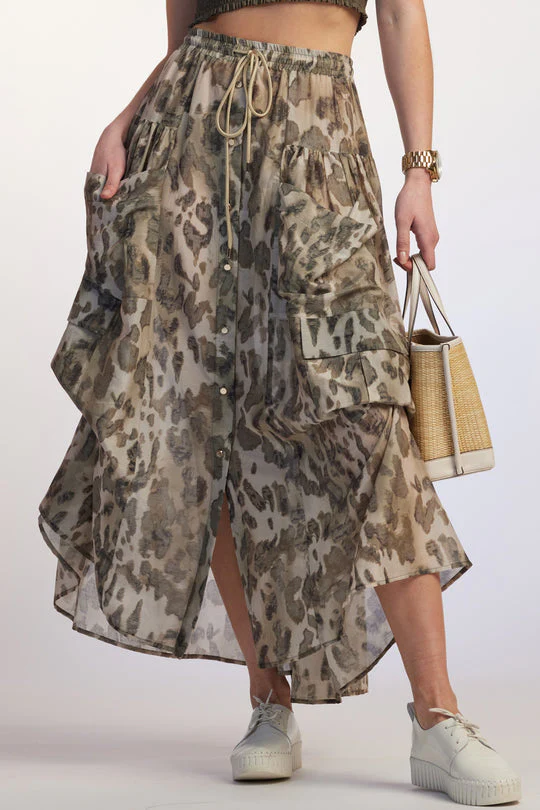 PAULA RYAN Button Front Pocket Skirt - Cheetah