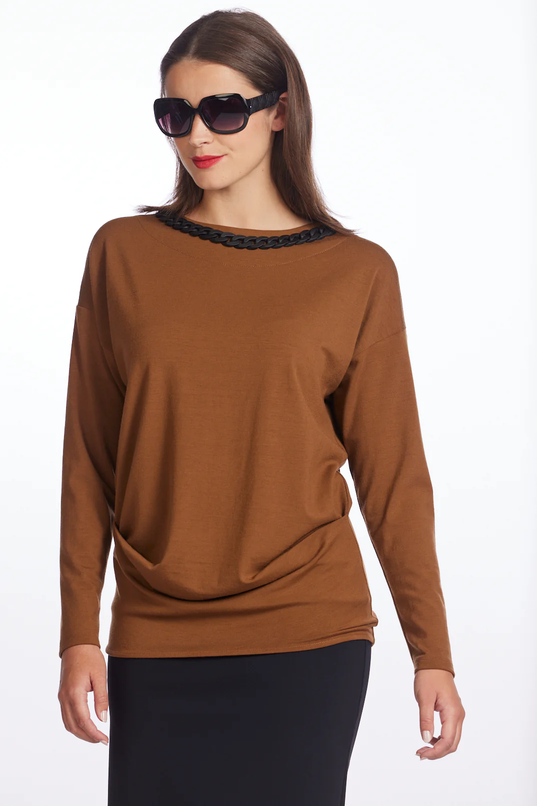 Paula Ryan Chain Neck Side Tuck Merino Top-Toffee - Image 2