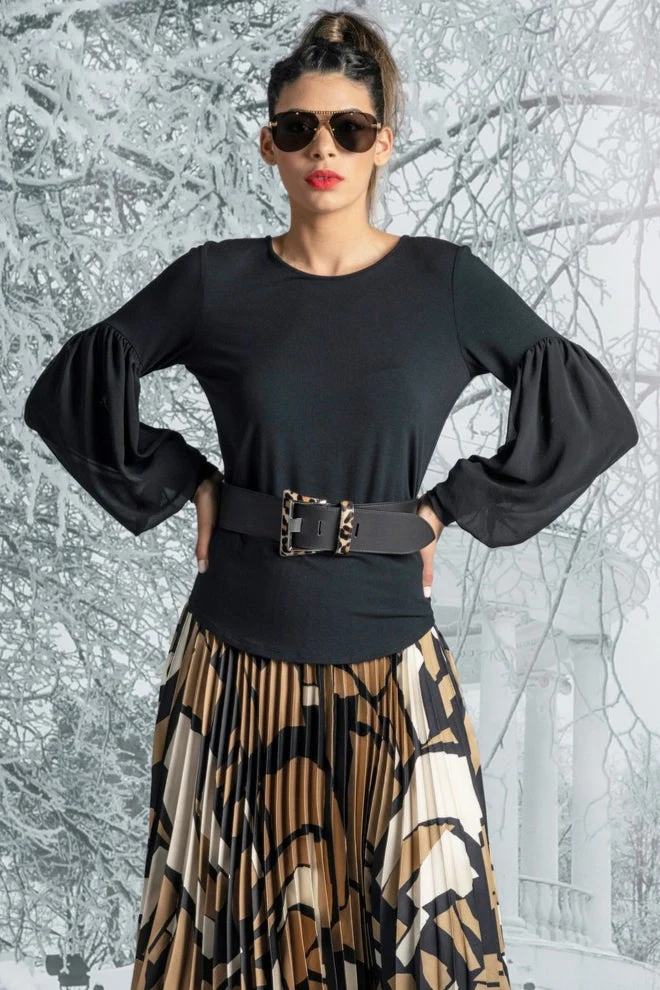 Paula Ryan Chiffon Puff Sleeve Top - Black