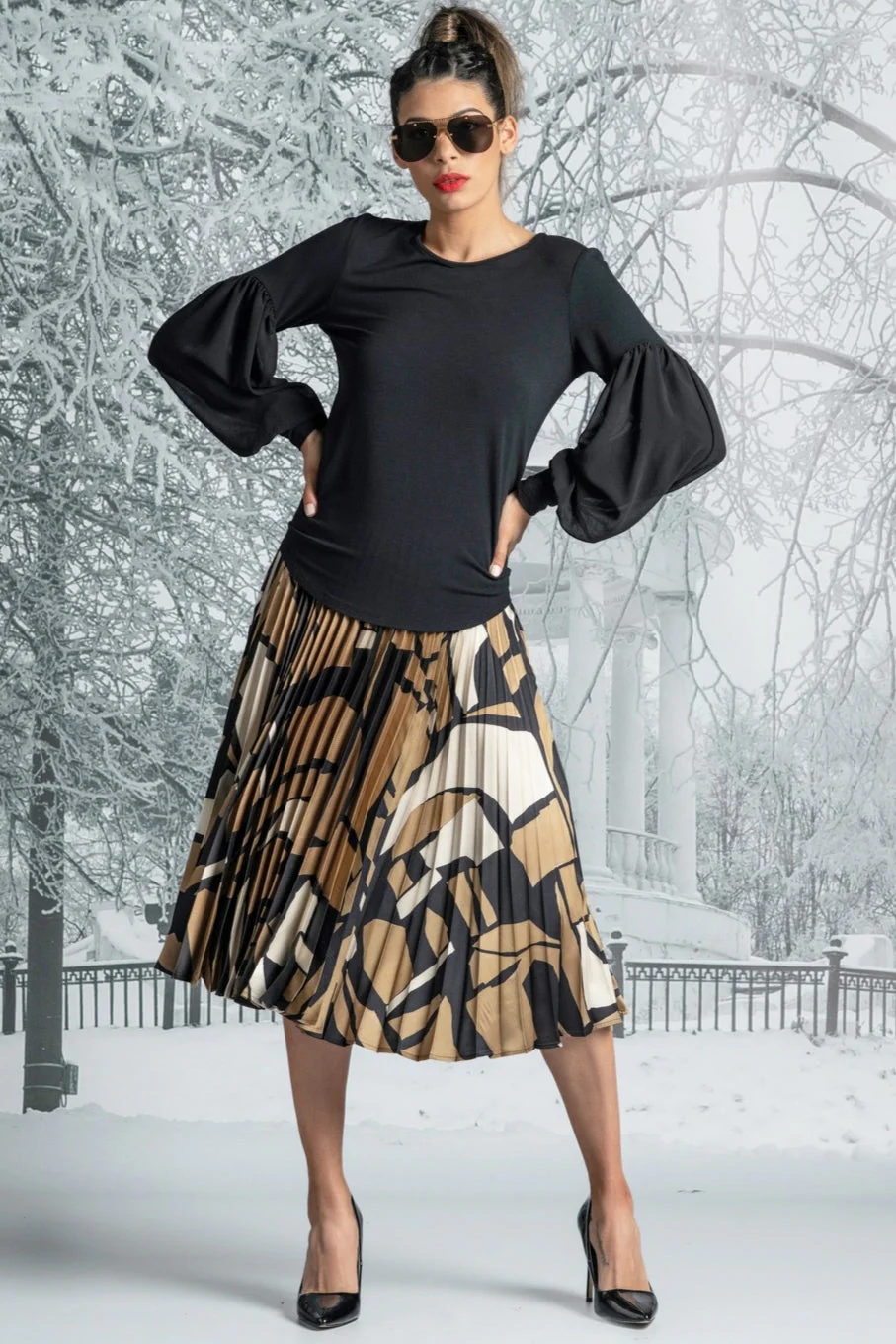 Paula Ryan Chiffon Puff Sleeve Top - Black - Image 3