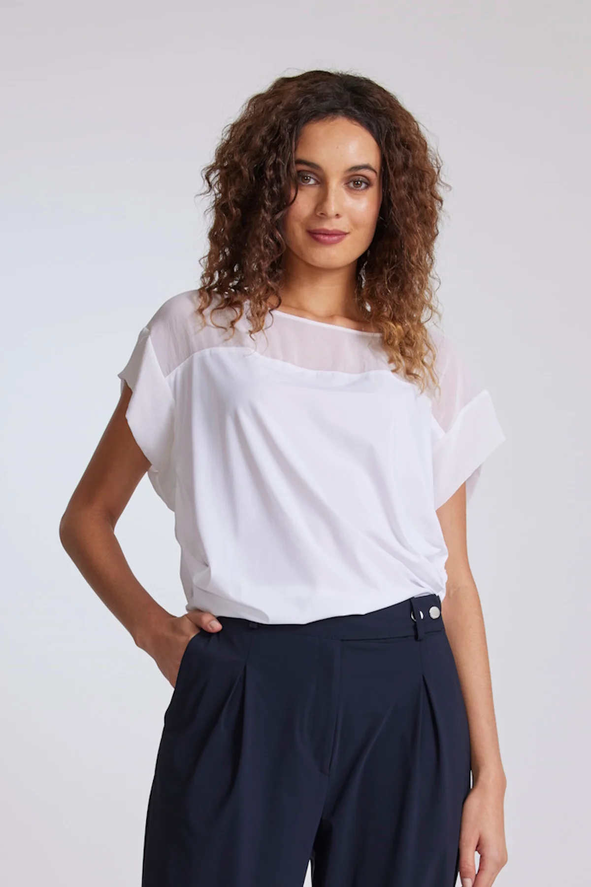 Paula Ryan Chiffon Yoke Cuff Top - Black