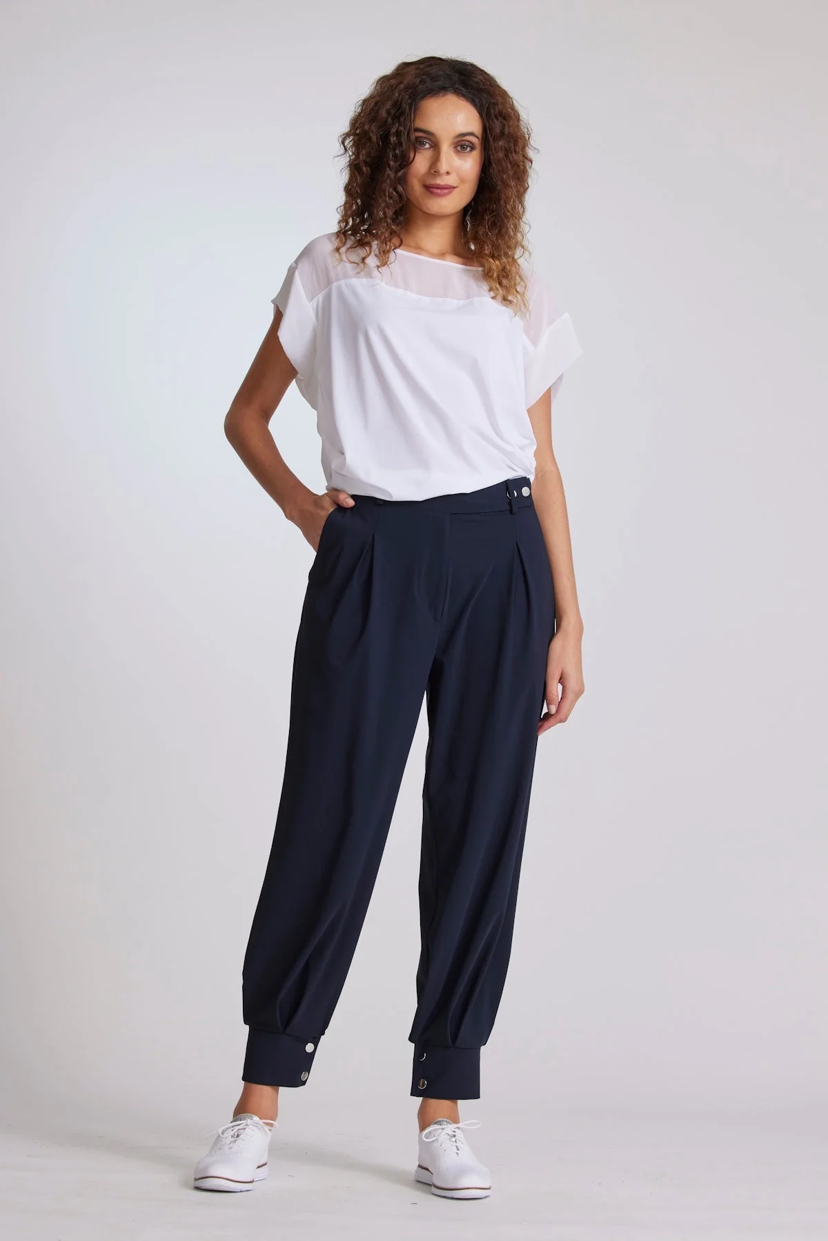 Paula Ryan Chiffon Yoke Cuff Top - Navy - Image 2