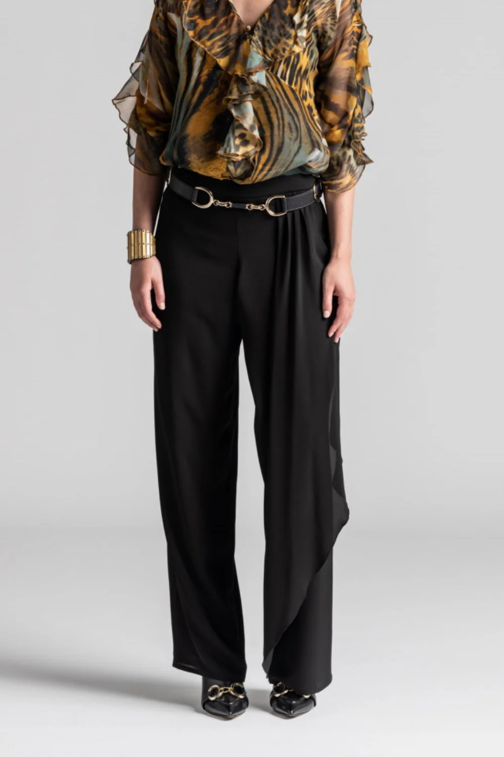 Paula Ryan Drape Front Chiffon Pant - Black