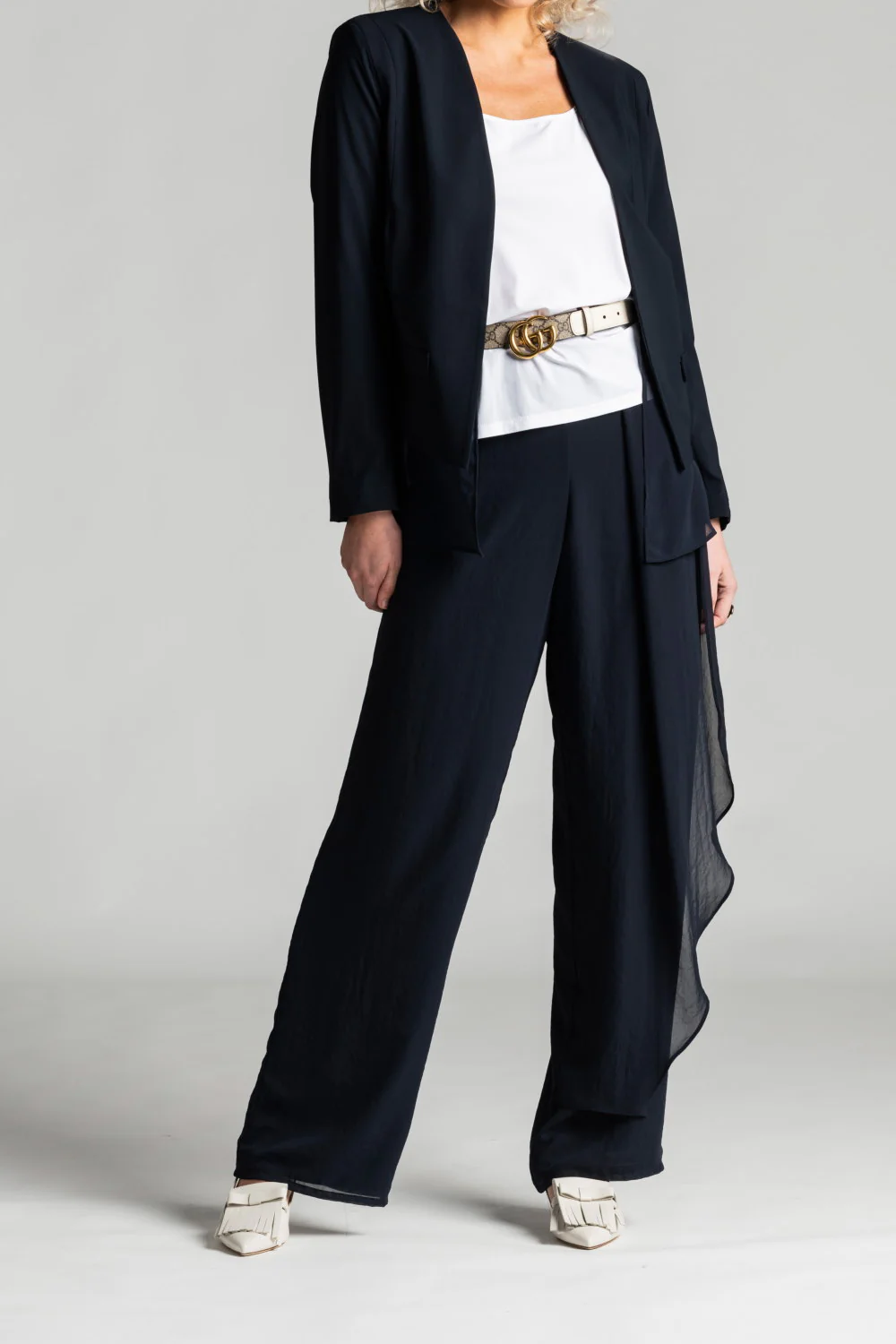 Paula Ryan Drape Front Chiffon Pant - Navy