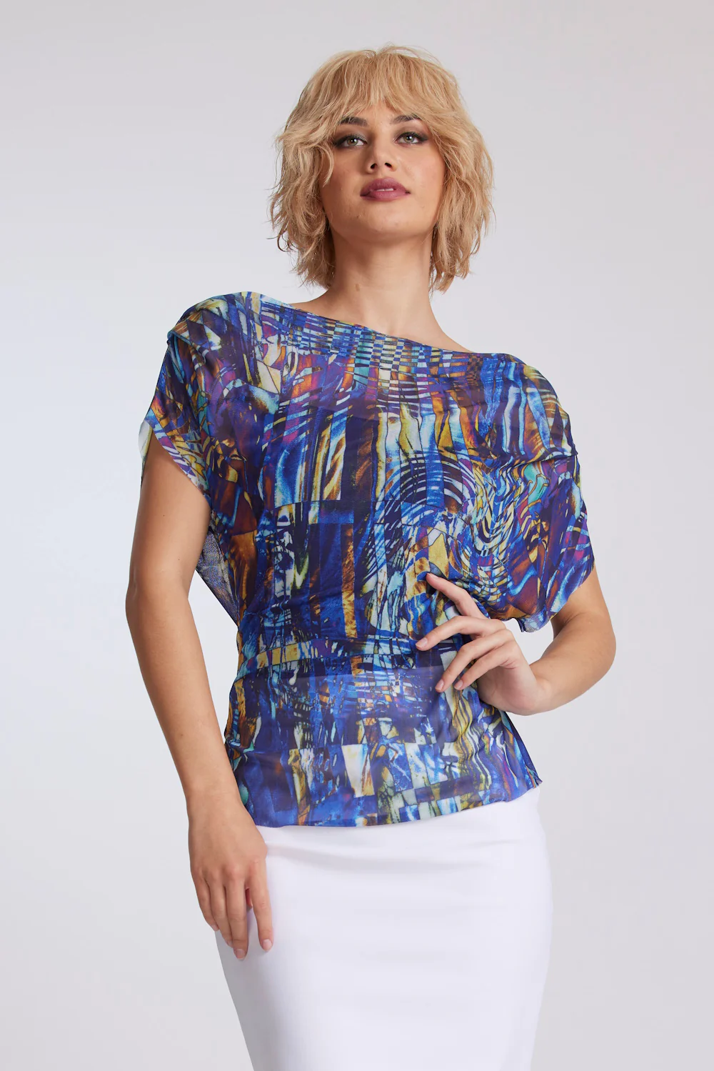 Paula Ryan Fitted Cowl Neck - Mosaic Mesh Print