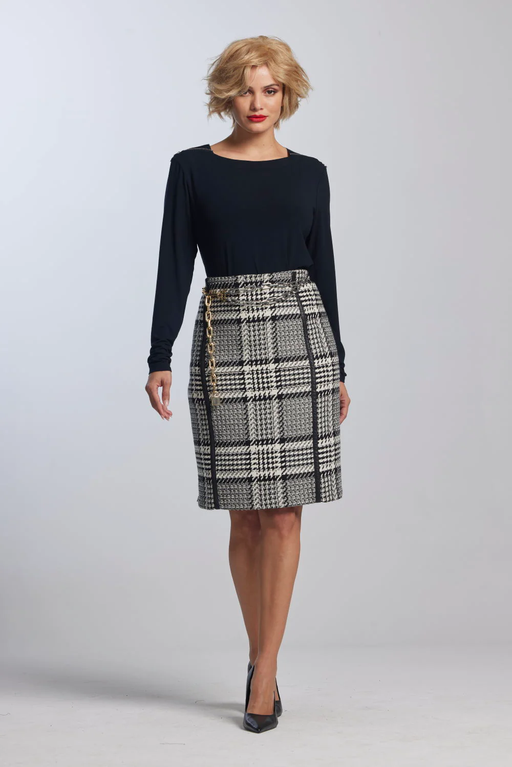 Paula Ryan Leather Trim Check Pencil Skirt - Image 2