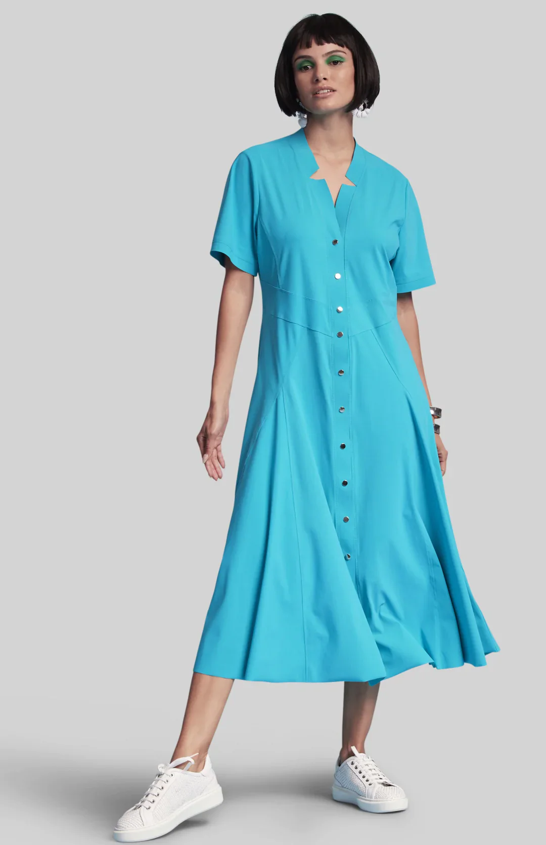 Paula Ryan Notched Neck Dome Front Shirtdress - Navy - Image 3