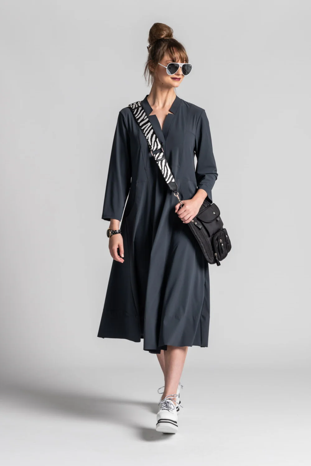 Paula Ryan Notched Neck ¾ Sleeve Dress - Black