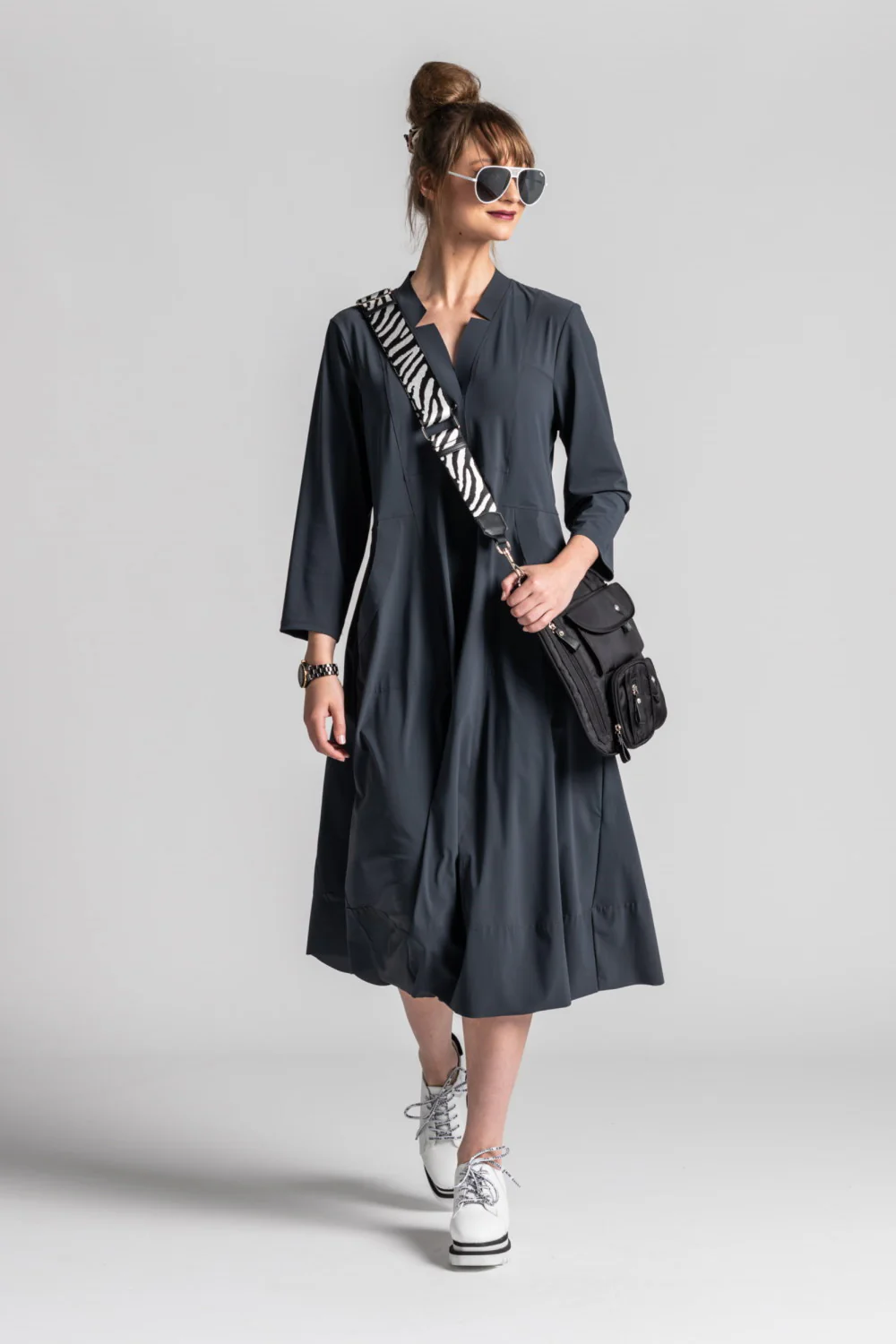 Paula Ryan Notched Neck ¾ Sleeve Dress - Black - Image 2