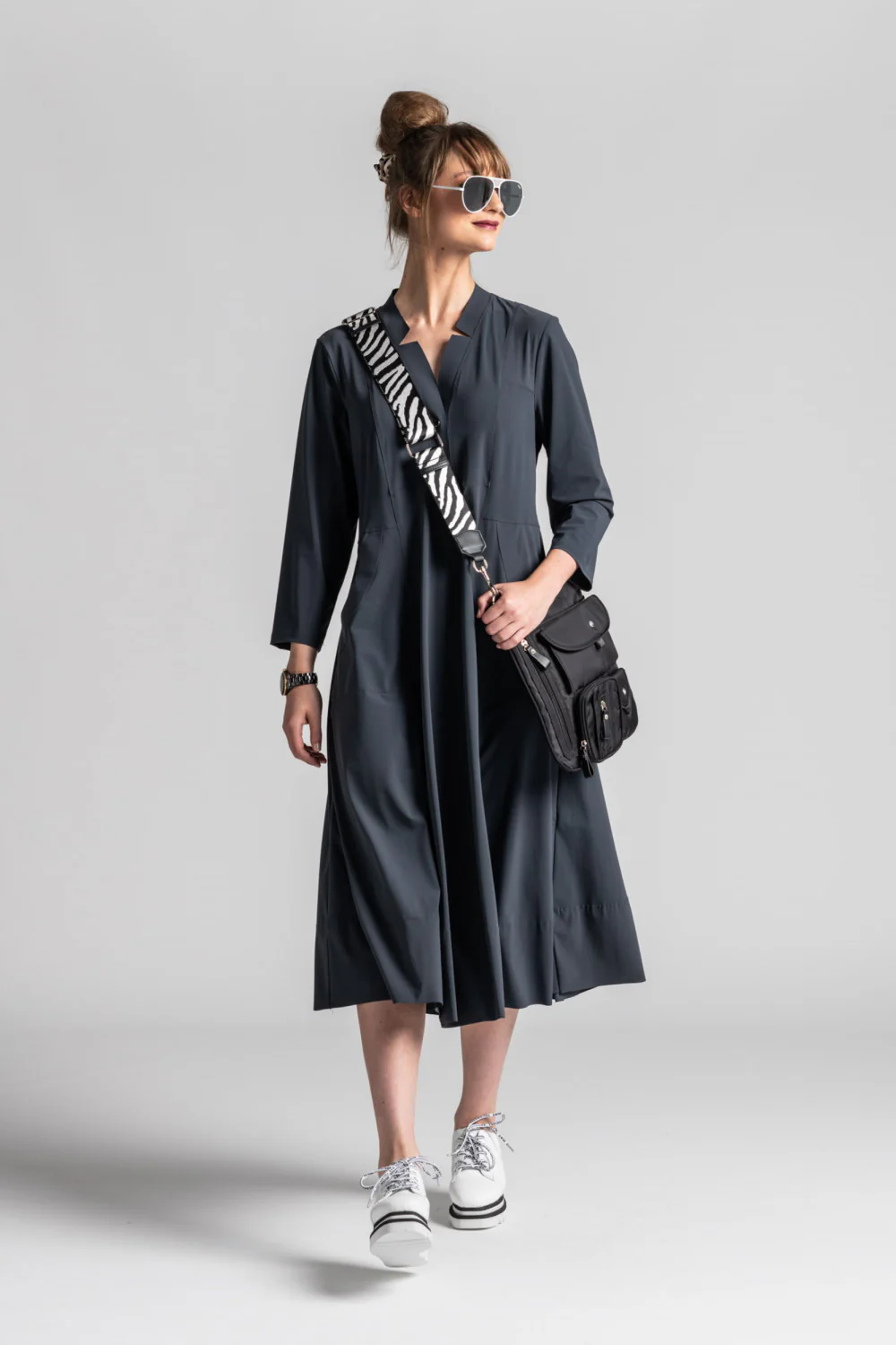 Paula Ryan Notched Neck ¾ Sleeve Dress - Black - Image 3