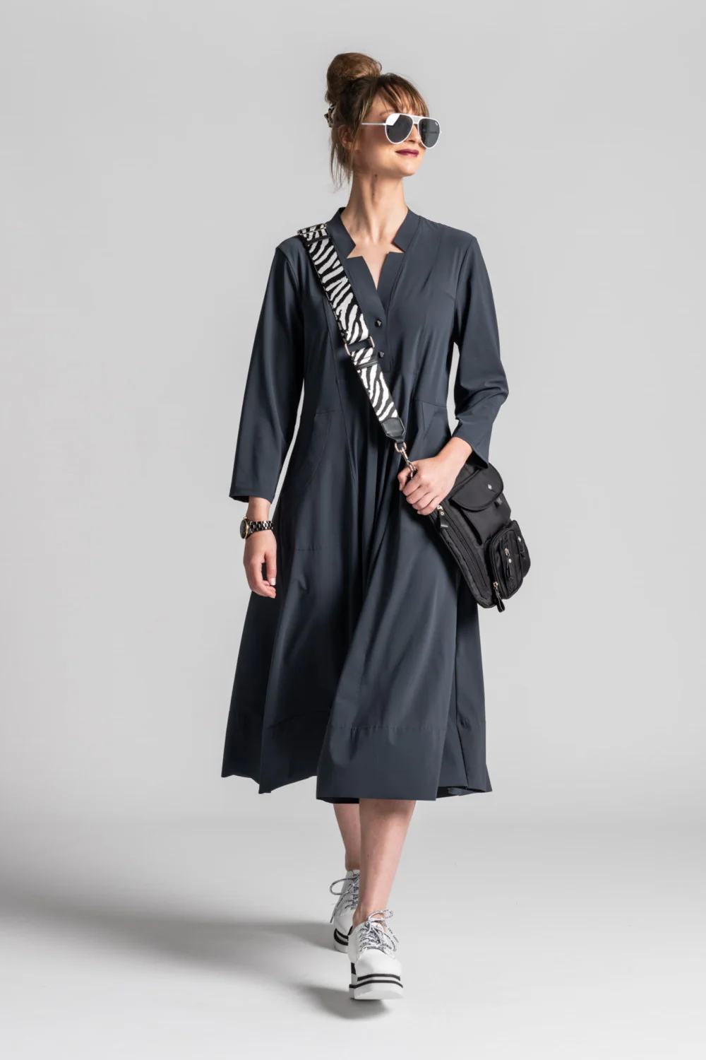 Paula Ryan Notched Neck ¾ Sleeve Dress - Black - Image 4