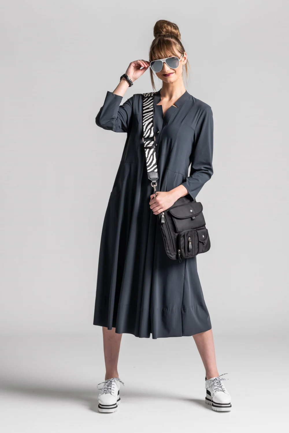 Paula Ryan Notched Neck ¾ Sleeve Dress - Black - Image 5
