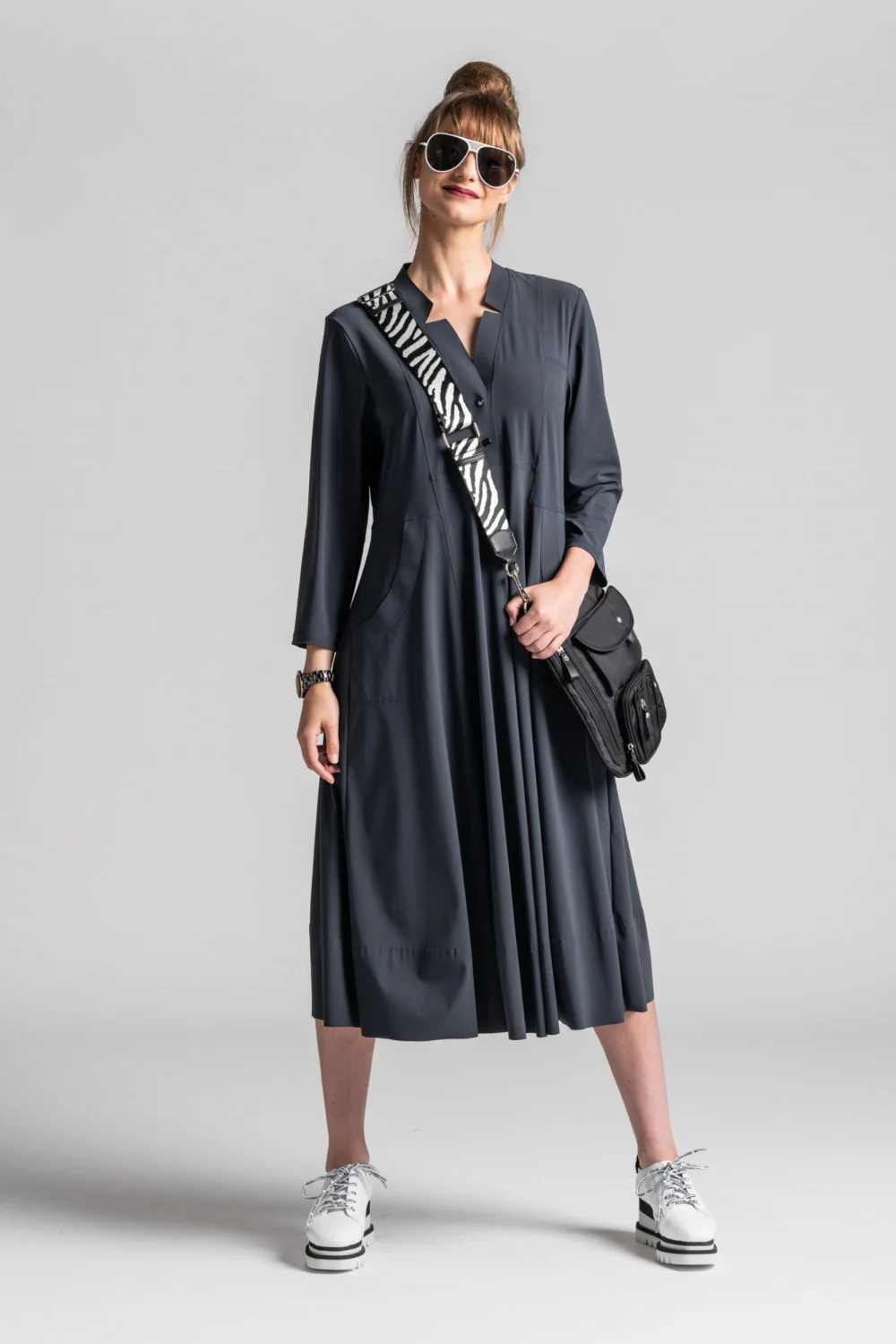 Paula Ryan Notched Neck ¾ Sleeve Dress - Black - Image 6