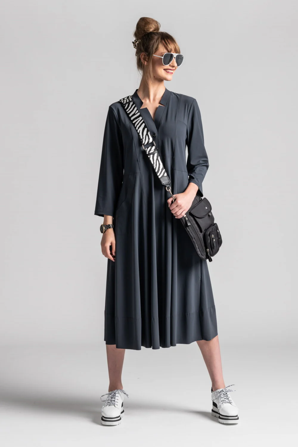 Paula Ryan Notched Neck ¾ Sleeve Dress - Black - Image 7