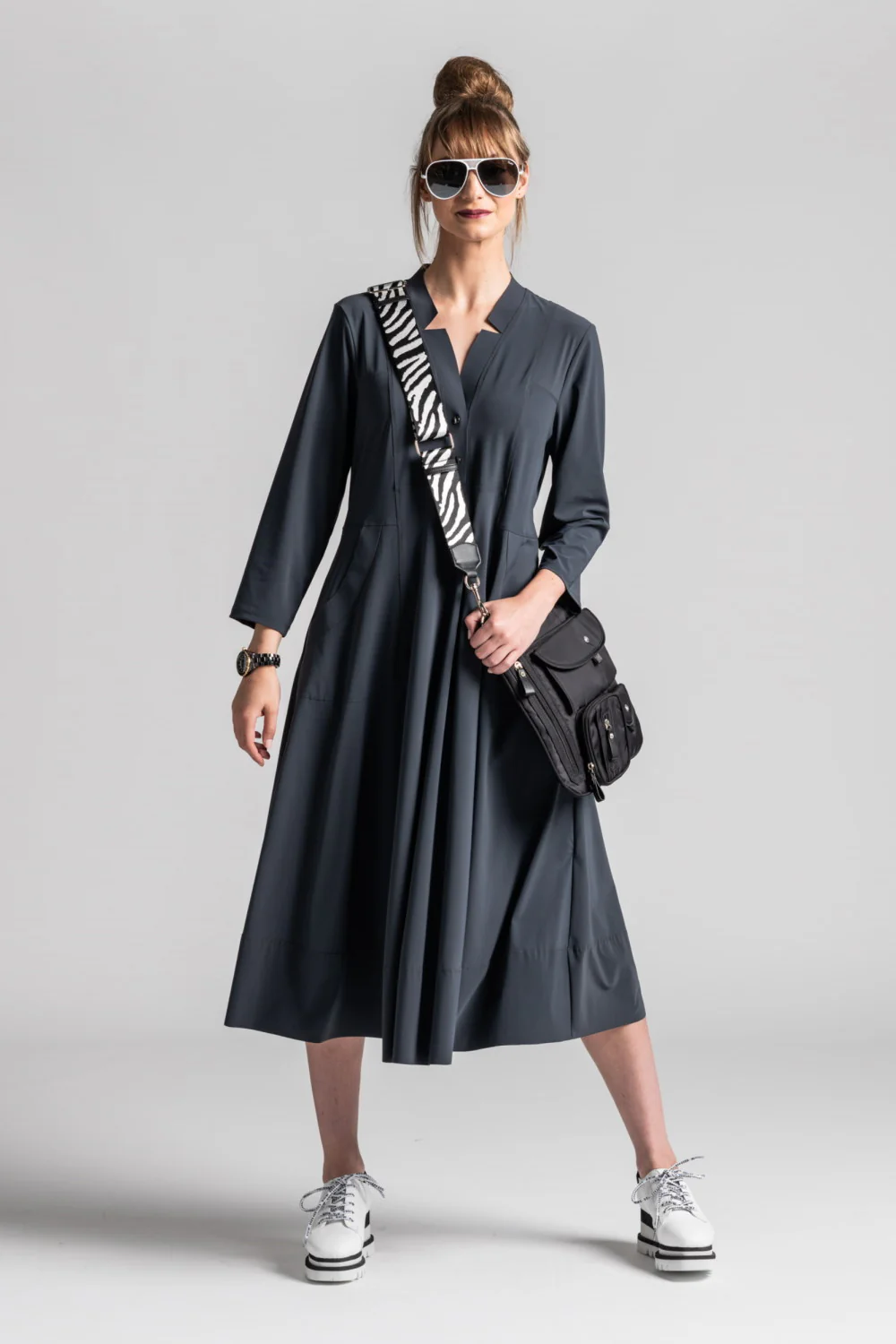 Paula Ryan Notched Neck ¾ Sleeve Dress - Black - Image 8