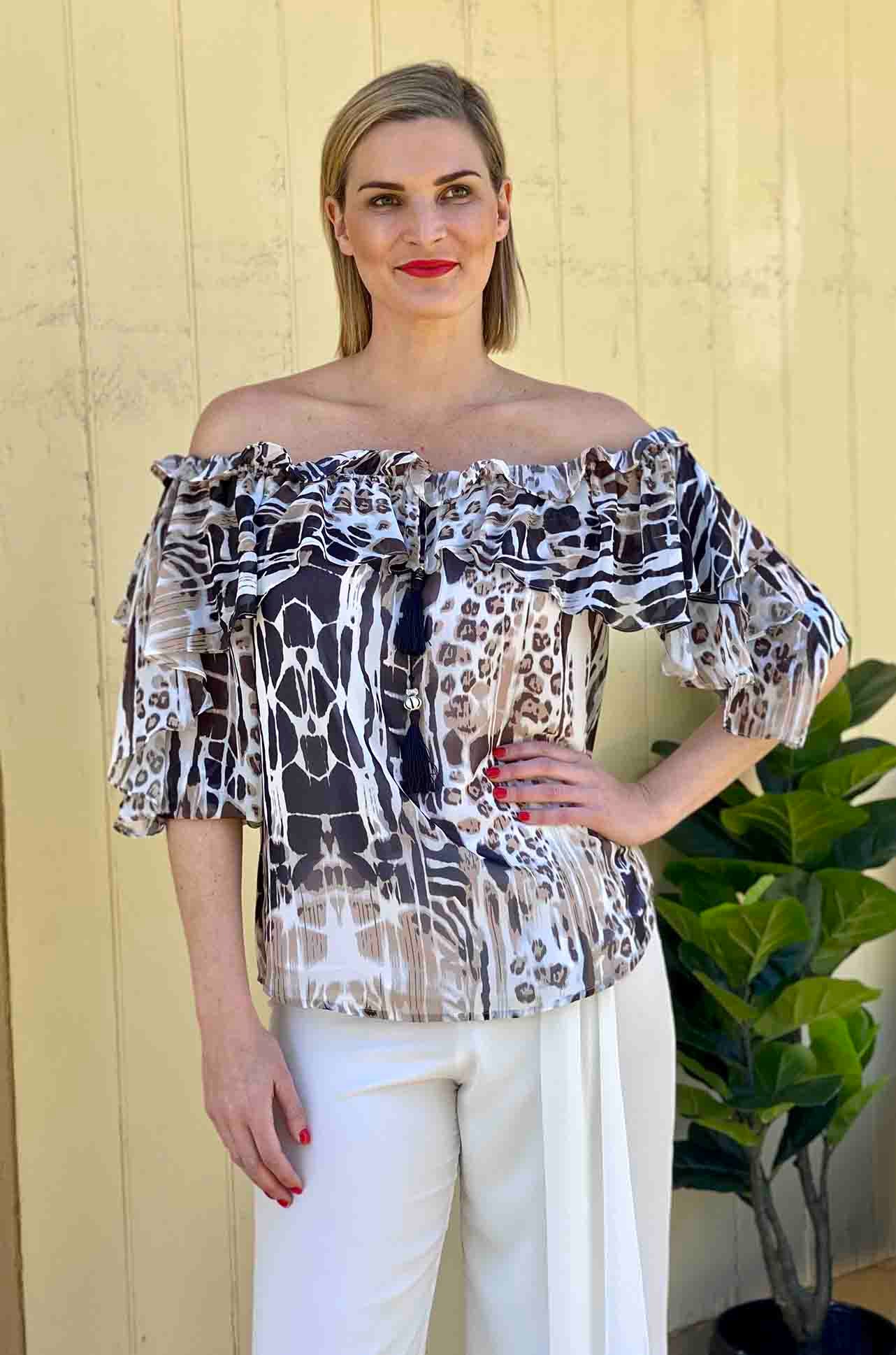 Paula Ryan Off Shoulder Ruffle Top - Leopard