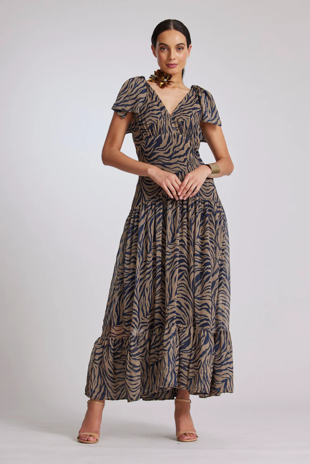 Paula Ryan Ruffle Hem Tie Shoulder Dress - Sand/Navy - Image 2