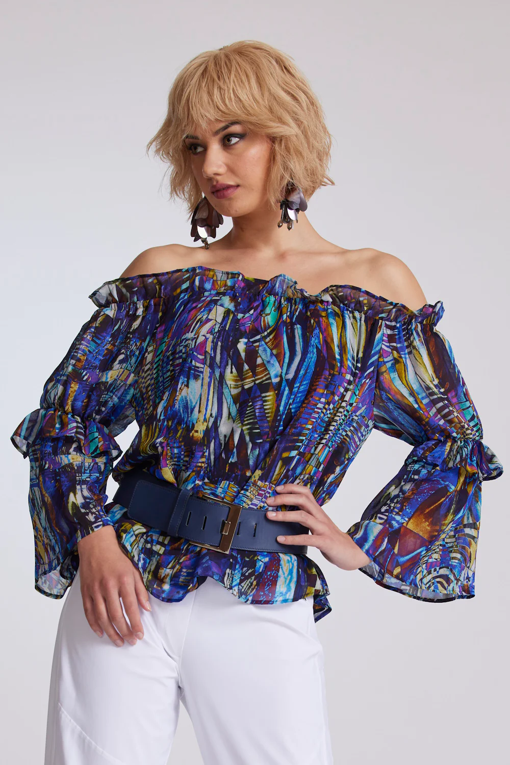 Paula Ryan Ruffle Neck Blouse - Mosaic Print