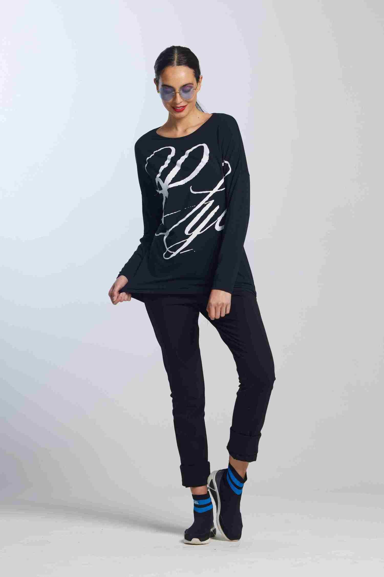 Paula Ryan Script Print Boat Neck Top - Black