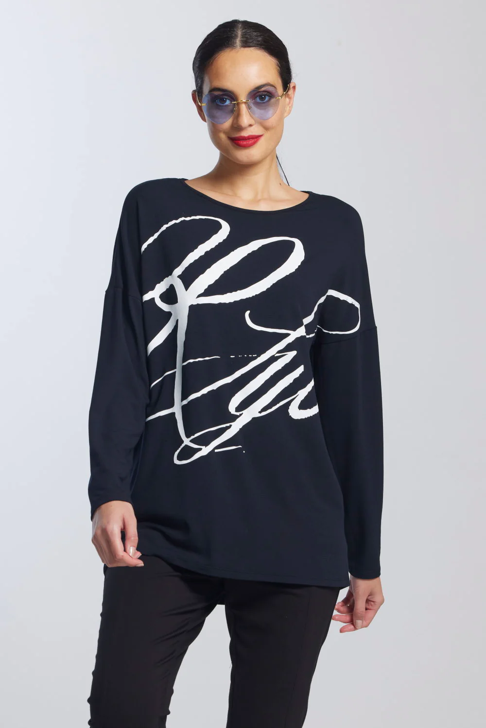 Paula Ryan Script Print Boat Neck Top - Navy