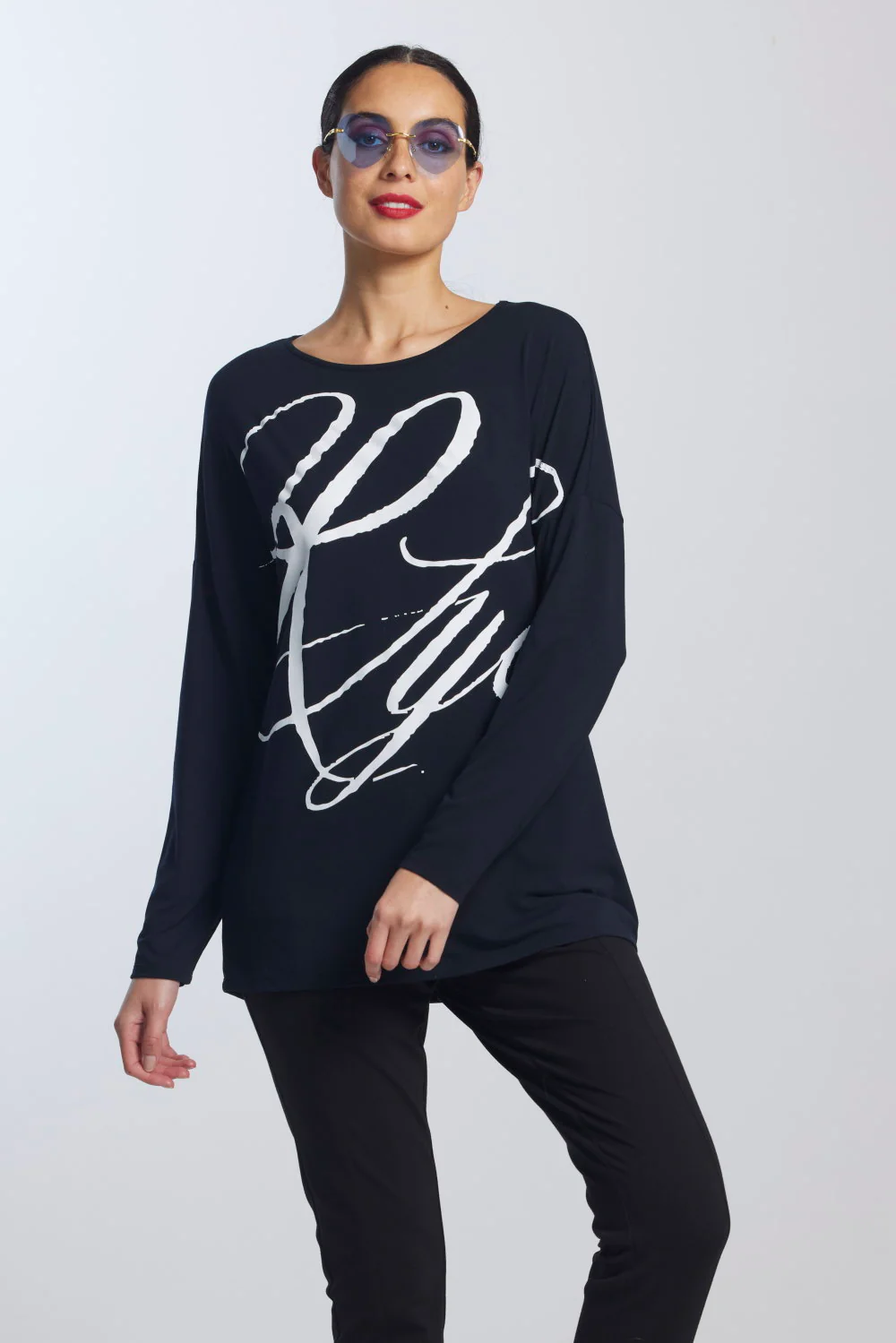 Paula Ryan Script Print Boat Neck Top - Navy - Image 2