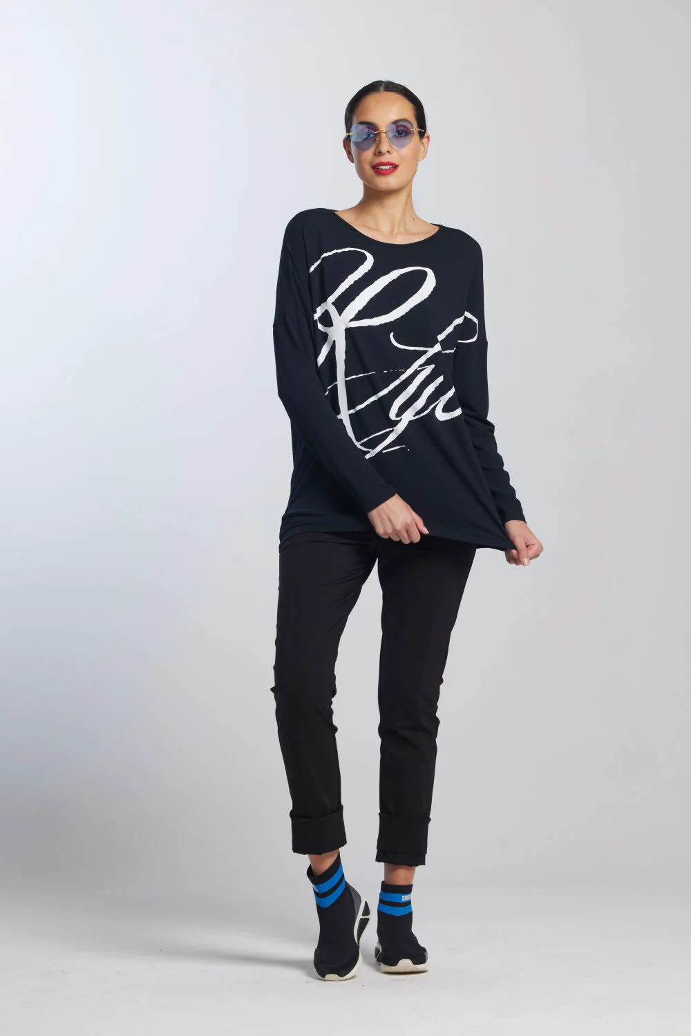 Paula Ryan Script Print Boat Neck Top - Navy - Image 3