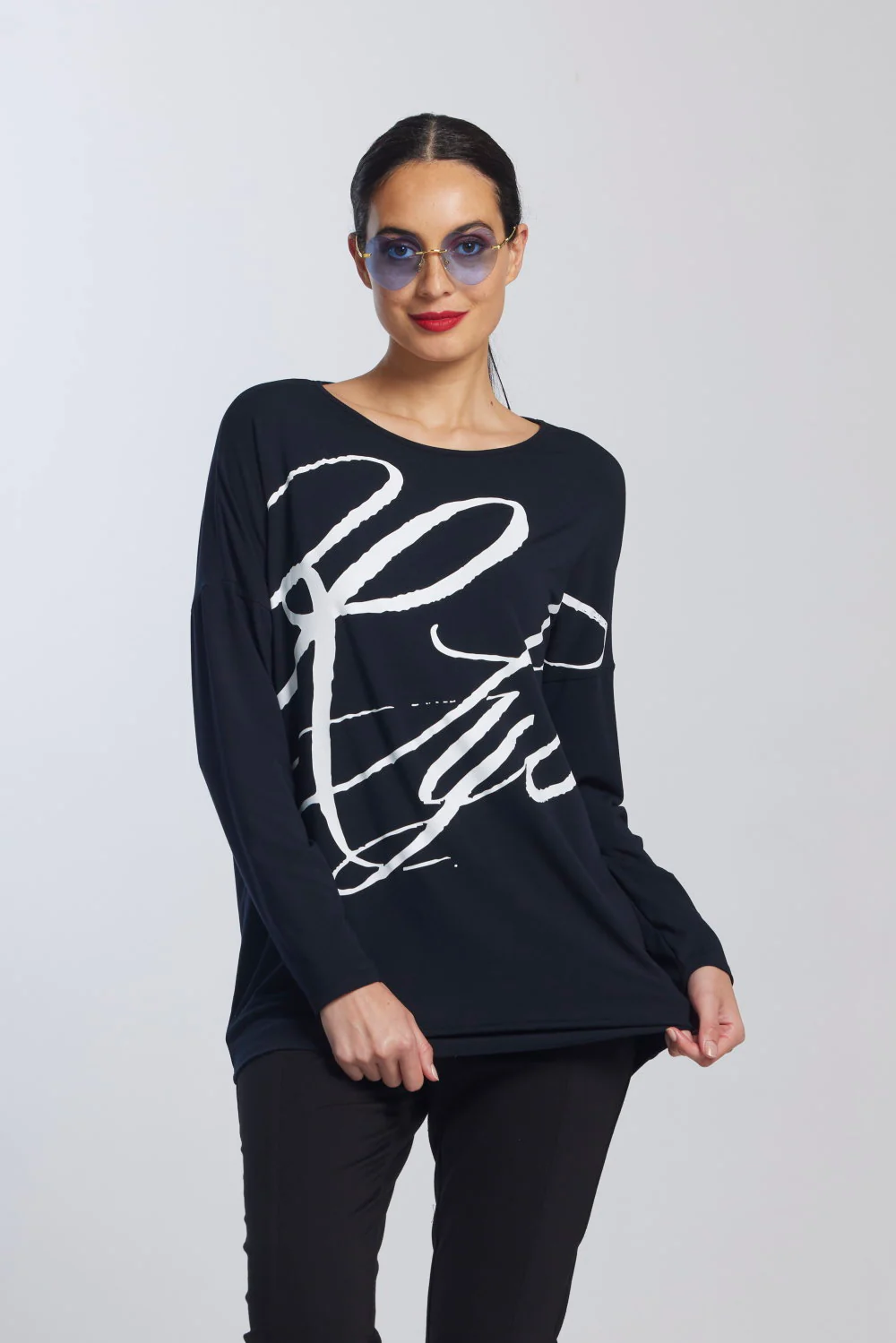 Paula Ryan Script Print Boat Neck Top - Navy - Image 4