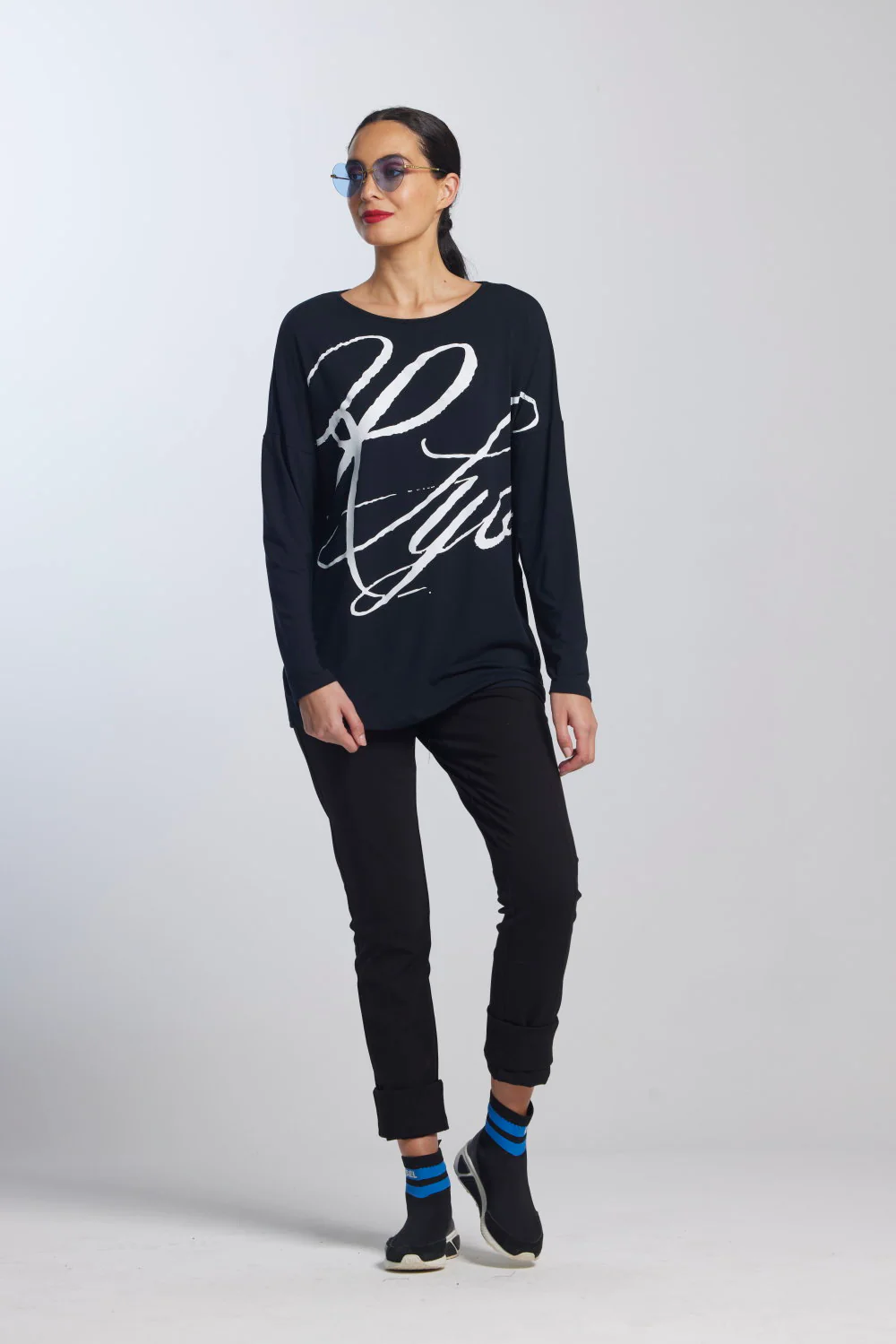 Paula Ryan Script Print Boat Neck Top - Navy - Image 6