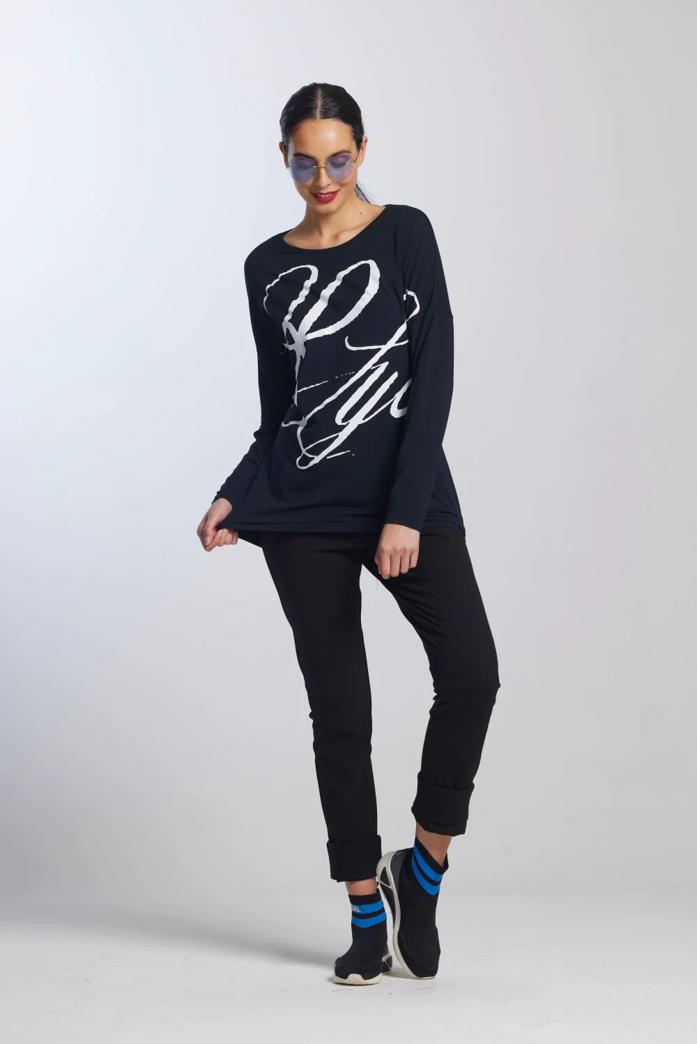 Paula Ryan Script Print Boat Neck Top - Navy - Image 7
