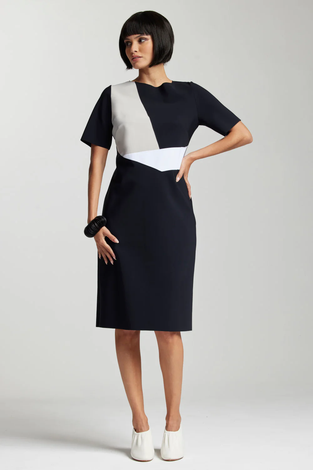 Paula Ryan Spliced Bodice Dress - Black/Sand/White