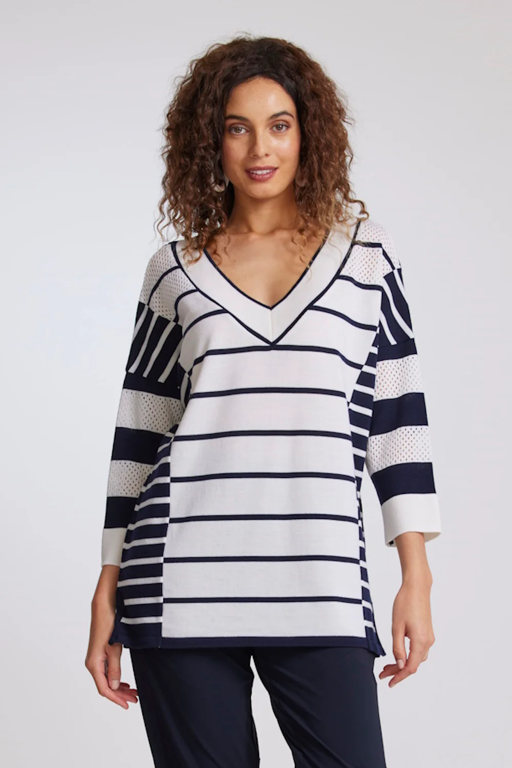 Paula Ryan Striped V Neck Tunic - Navy/White
